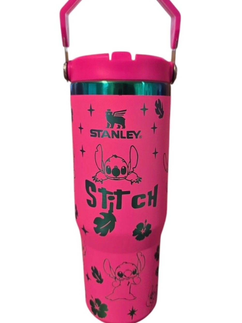 New!  Stanley Pink Tumbler with Blue Metallic Accents and Stitch Design